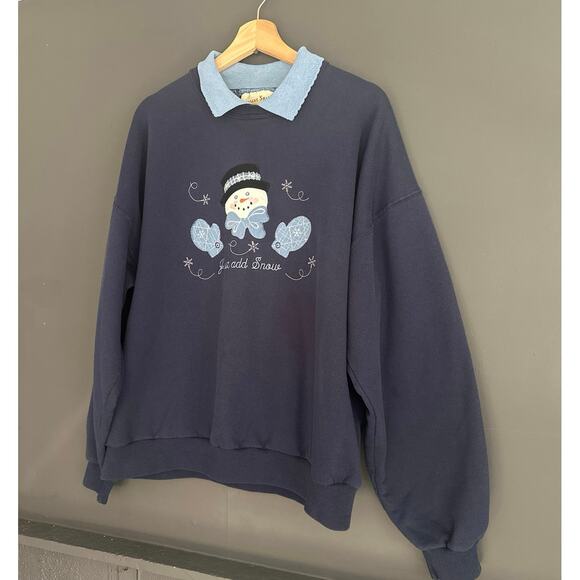 Vintage Double Collar Navy Blue Snowman Christmas Holiday Crewneck Sweatshirt XL - Picture 8 of 8
